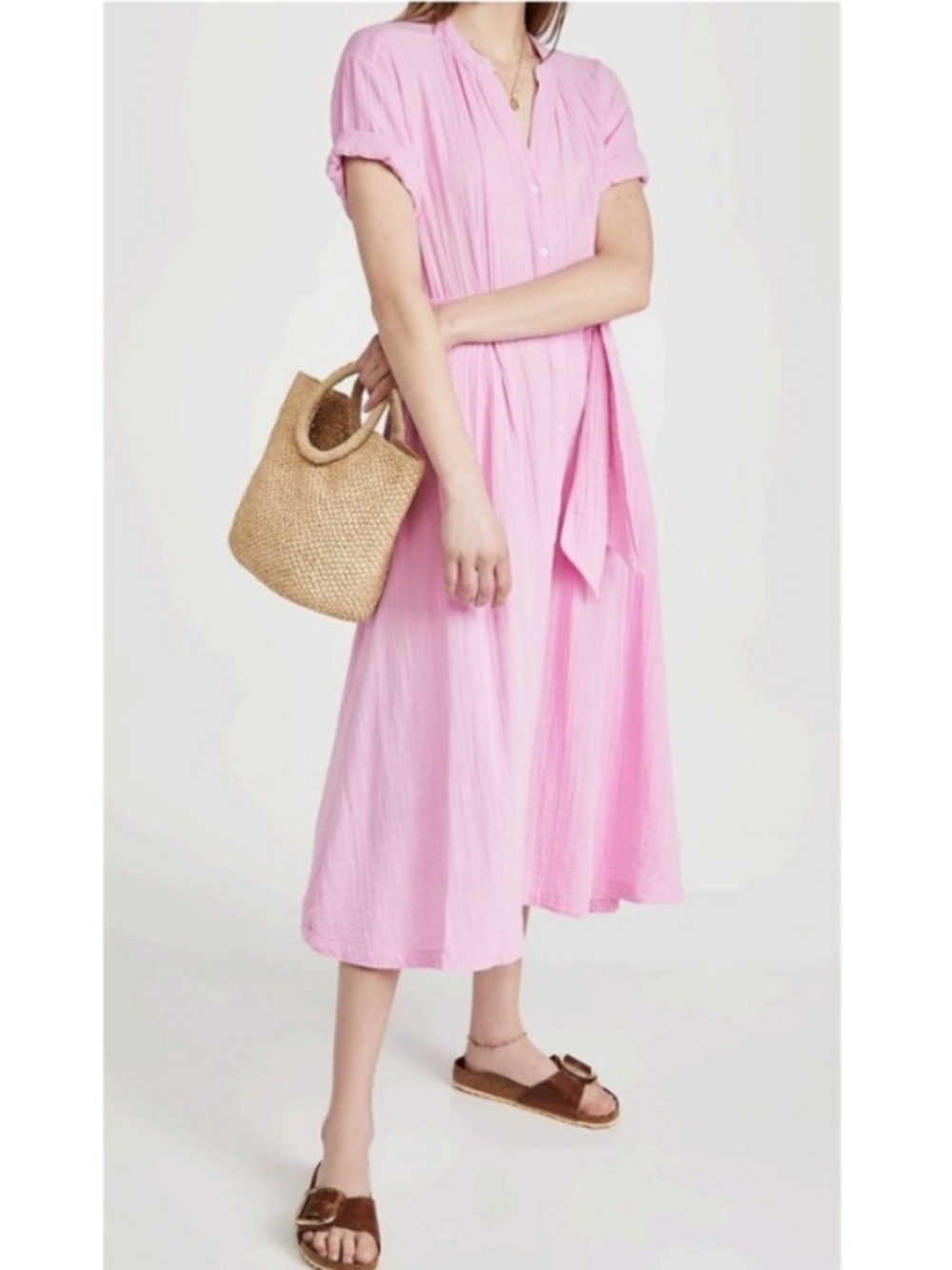 XIRENA Gauzy Button Front V-Neck Cate Midi Belted Dress Pretty Pink Medium $290